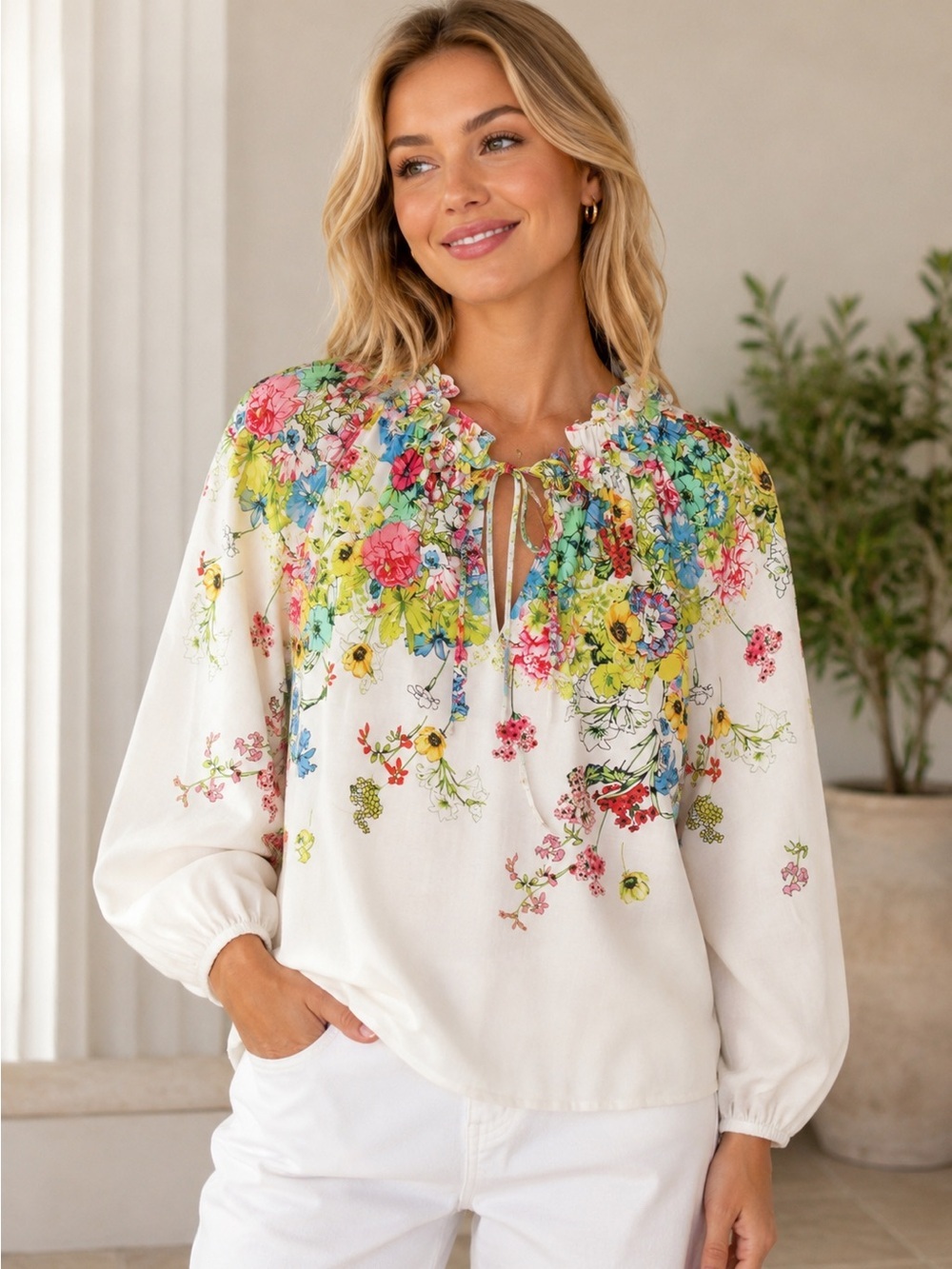 Jade Melody Tam Ivory Floral Smocked-Neck Peasant Blouse Size XL